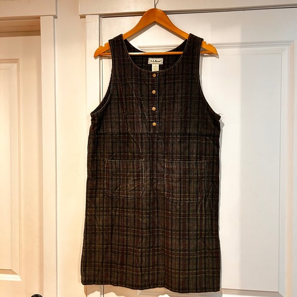 L.L. Bean Dresses & Skirts - L.L. Bean Vintage Corduroy Plaid Jumper Pinafore Dress Womens 8 Cottagecore 90s